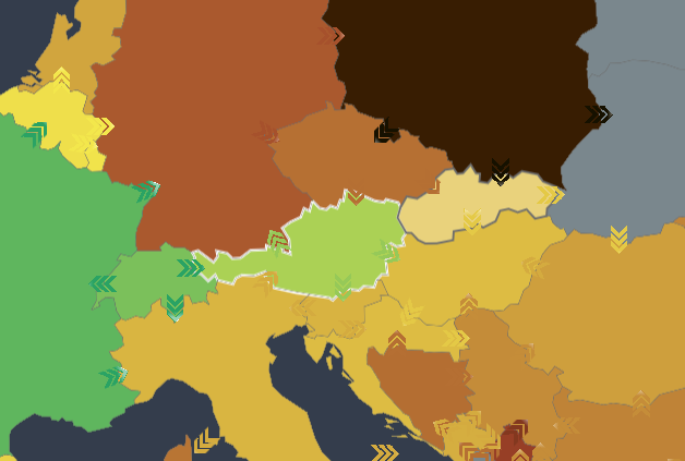 Europäische Karte mit Österreich im Mittelpunkt, eingefärbt nach Stromverbrauch